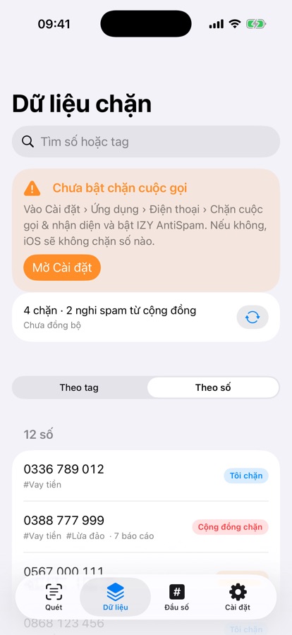 Màn hình Dữ liệu chặn, chế độ Theo số, mỗi số có tag và trạng thái