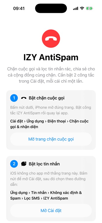 Màn hình chào của app với 2 thẻ: Bật chặn cuộc gọi và Bật lọc tin nhắn