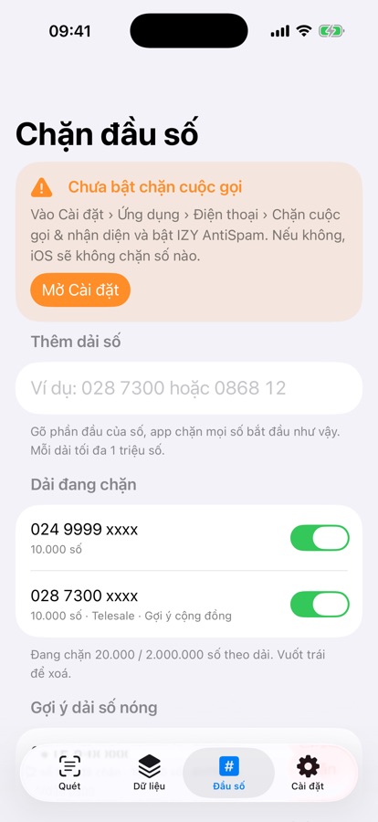 Màn hình Chặn đầu số với 2 dải đang chặn