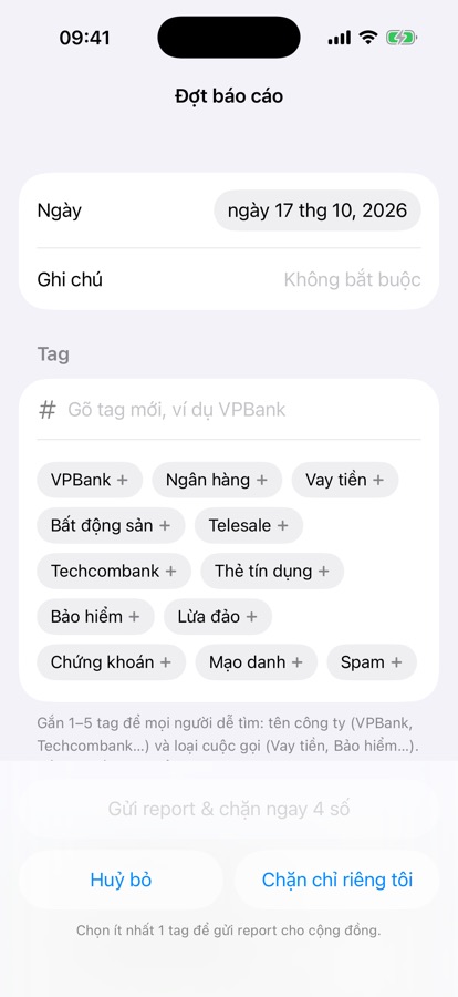 Màn hình Đợt báo cáo với ô nhập tag và các tag gợi ý