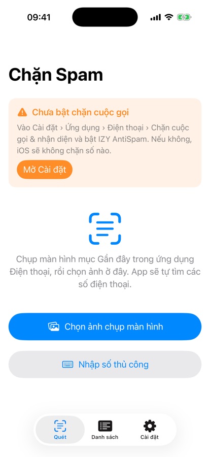 Màn hình Quét của app với nút Chọn ảnh chụp màn hình