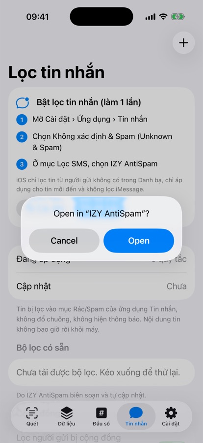 Tab Tin nhắn của app với hướng dẫn bật và bộ lọc Tin quảng cáo đang bật